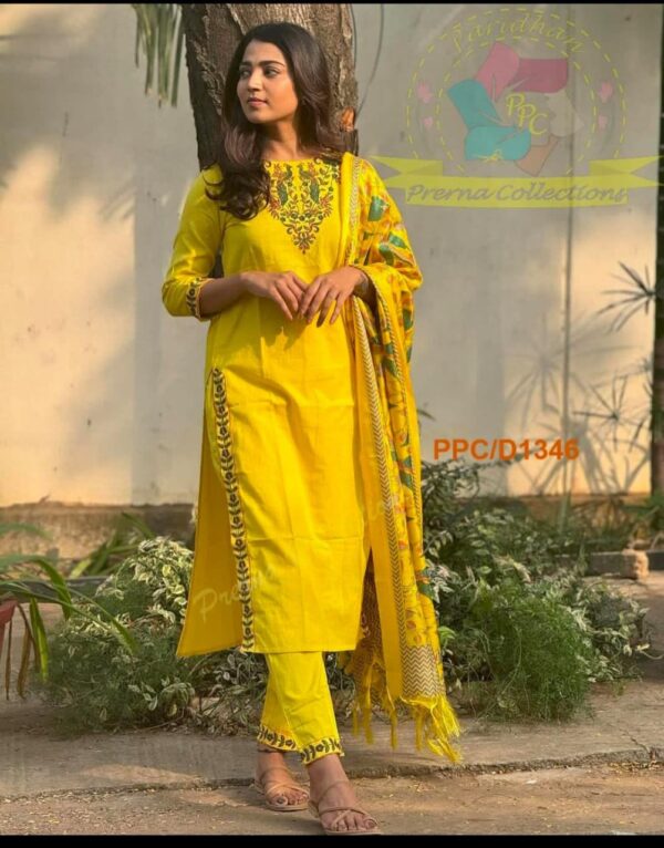 Bright Yellow Handloom Embroidery Suit Set - Image 3