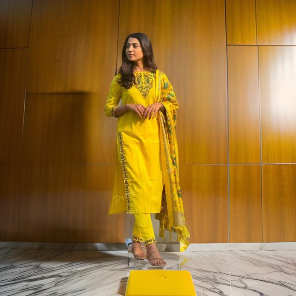 Bright Yellow Handloom Embroidery Suit Set