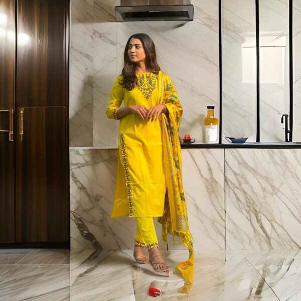 Bright Yellow Handloom Embroidery Suit Set - Image 4