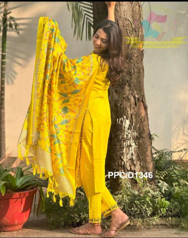 Bright Yellow Handloom Embroidery Suit Set - Image 2