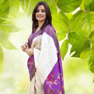 Elegant linen saree with gold jari border & digital print blouse – 6.3m min