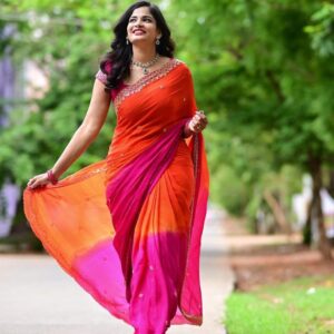 Tomato Chinnon Saree with Golden Border and Heavy Sequence Embroidery​