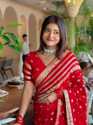 Red Tolumnia Orchid Cotton Blend Saree with Silver Border