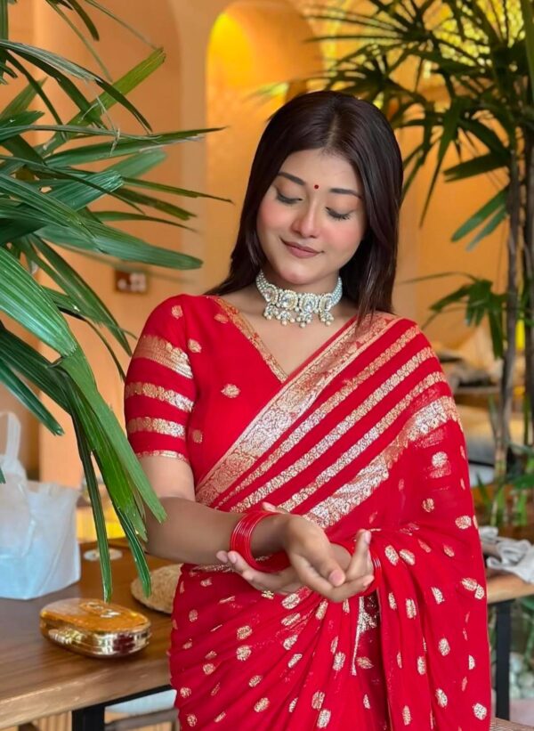 Red Tolumnia Orchid Cotton Blend Saree with Silver Border​