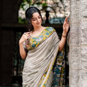 Women's heavy linen print saree with running blouse (1) min