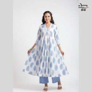 Women's a line printed kurta pant set with sequins embroidery min