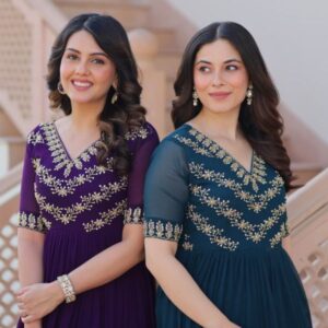 Women's embroidered cotton blend gown faux blooming with sequins & beads regular fit (m xxl) (4) min